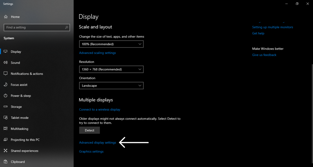 Display settings in window 10