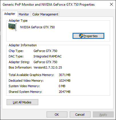 Graphics card properties.