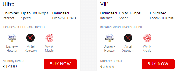 Airtel high speed Fiber plans