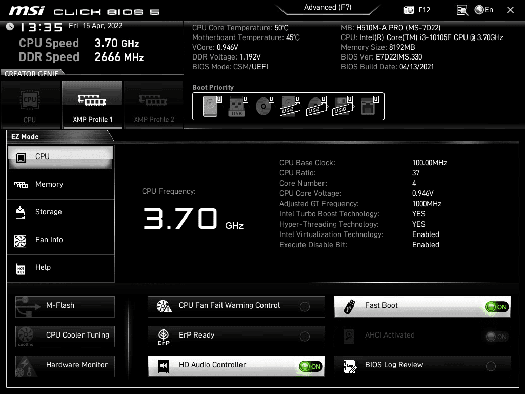 MSI H510m-A Pro Bio EZ Mode